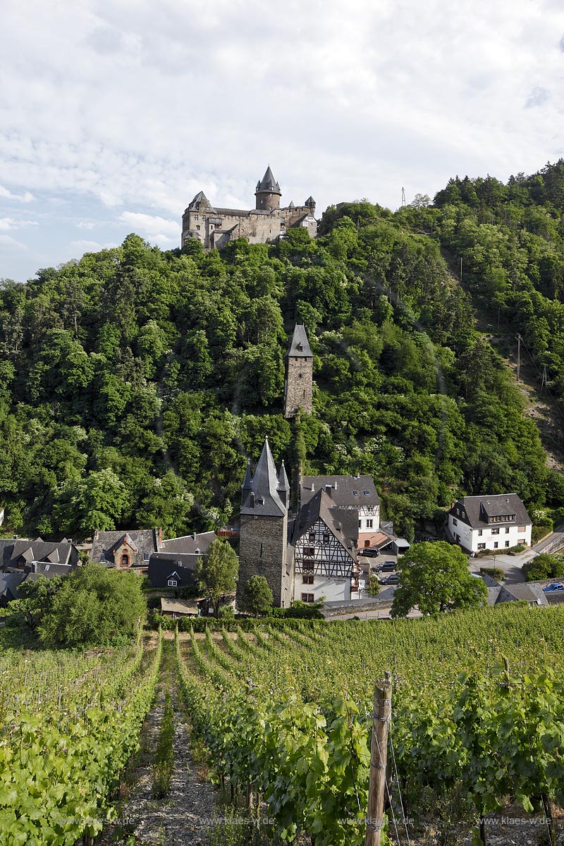 Bacharach, Blick auf Burg Stahleck mit historischer Stadbesfesrigung, Turm; Bacharach, view to castle Stahleck with historical town base
