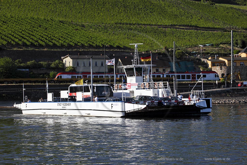 Ruedesheim am Rhein mit Autofaehre; Ruedesheim with Rhine and car ferry.