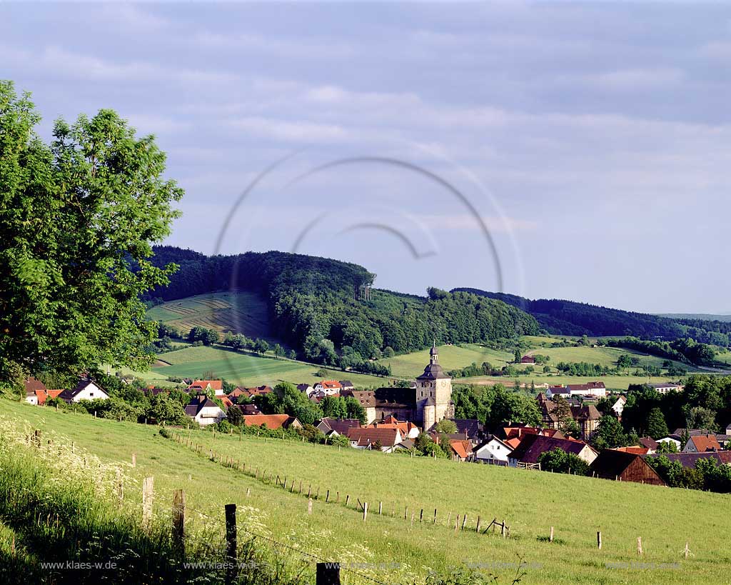 Neuenheese, Bad Driburg, Kreis Hxter, Regierungsbezirk Detmold, Ostwestfalen, Blick zum Ort mit Stiftskirche und Landschaft