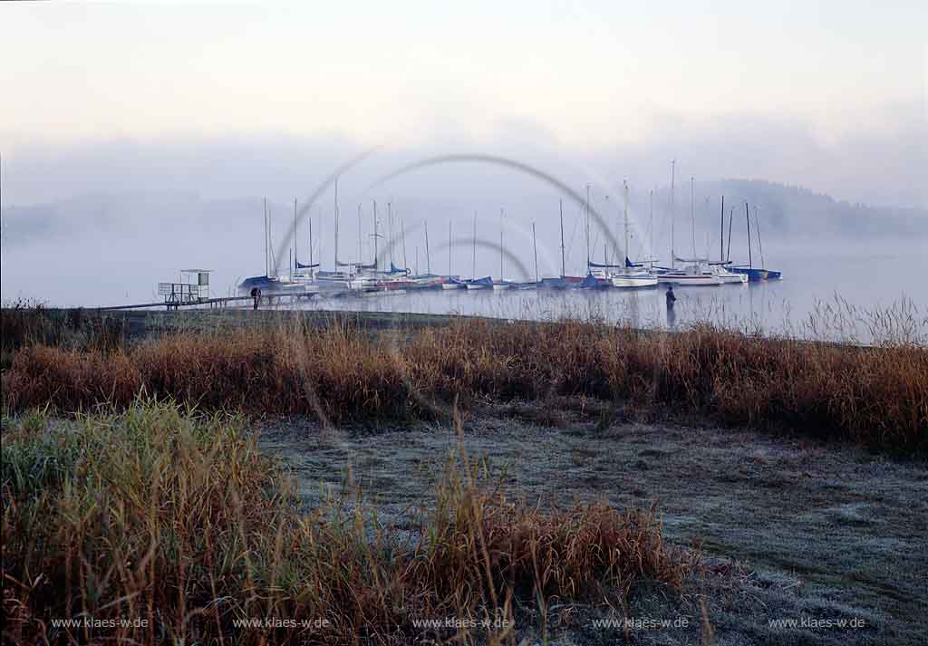 Brucher Talsperre, Marienheide, Oberbergischer Kreis, Bergisches Land, Blick auf Talsperre mit Anleger und Segelbooten, Landschaft am Morgen in Nebelstimmung mit Raureif im Herbst