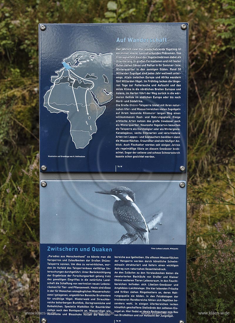 Grosse Dhuenntalsperre, Dhuennhochflaeche, Informationstafeln, Informationsstehlen am neunen Wegenetz rund um die Grosse Dhuenn-Talsperre; barrage Grosse Dhuenn-Talsperre, plateau of the Dhuenn, information boards.