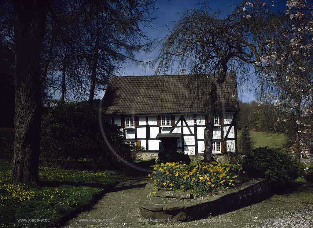 Bernberg, Gummersbach, Oberbergischer Kreis, Bergisches Land, Blick in alte Dorfstrasse mit Fachwerkhaus im Frhling, Fruehling