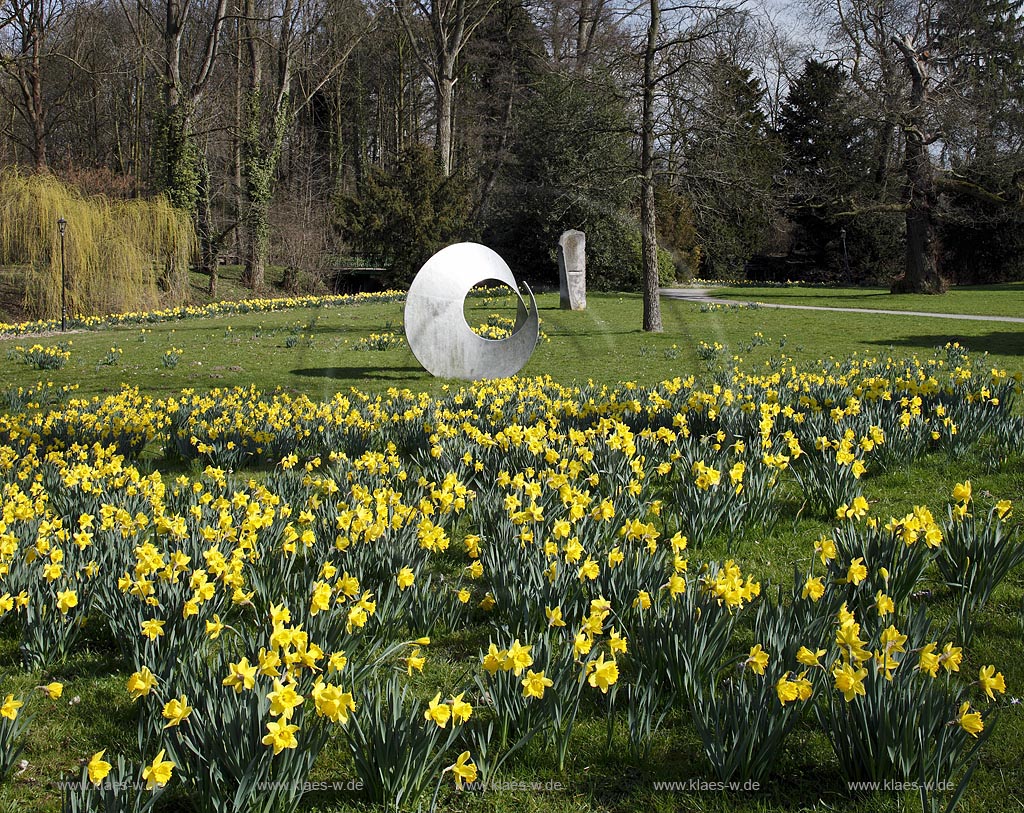 Leverkusen Alkenrath Schlosspark Schloss Morsbroich mit Skulpturen im Fruehling, bluehende Gelbe Narzissen; Leverkusen Alkenrath park of castle Morsbroich with sculptures and yellow narcissus in flower