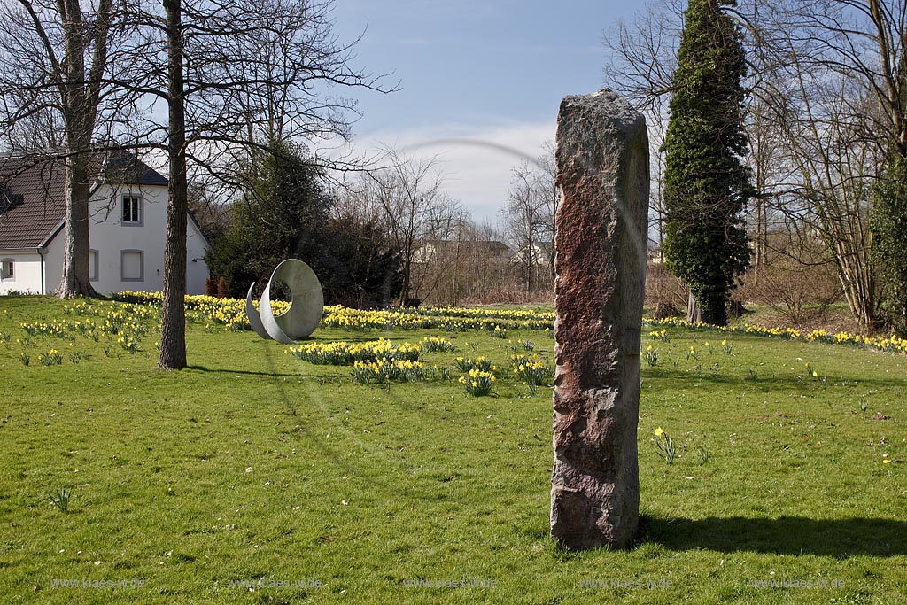 Leverkusen Alkenrath Schlosspark Schloss Morsbroich mit Skulpturen im Fruehling, bluehende Gelbe Narzissen; Leverkusen Alkenrath park of castle Morsbroich with sculptures and yellow narcissus in flower