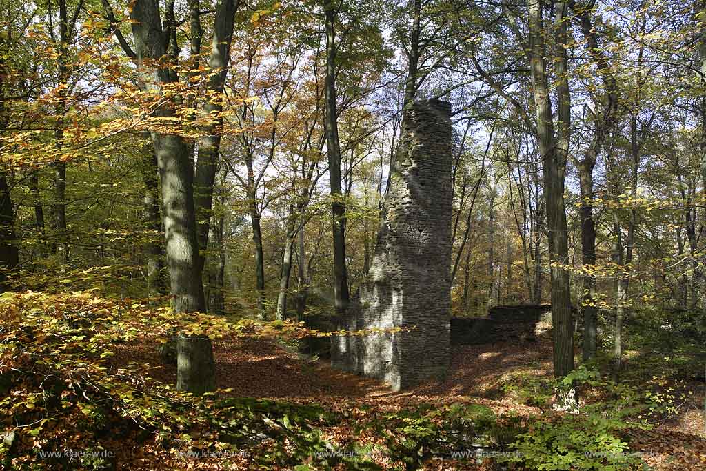 Scheel, Lindlar, Oberbergischer Kreis, Bergisches Land, Regierungsbezirk Kln, Blick auf Burg, Ruine, Burgruine Neuenburg und Waldlandschaft 