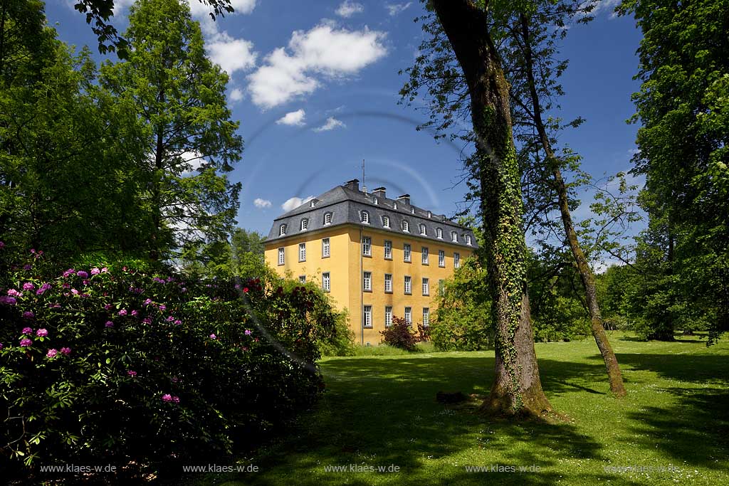 Lindlar Oberheiligenhoven, Schloss Heiligenhoven im Fruehsommer, gelbes Herrenhaus im Park mit bluehendem Rhododen, Lindlar castle Oberheiligenhoven in early summer with rhododendron in flower