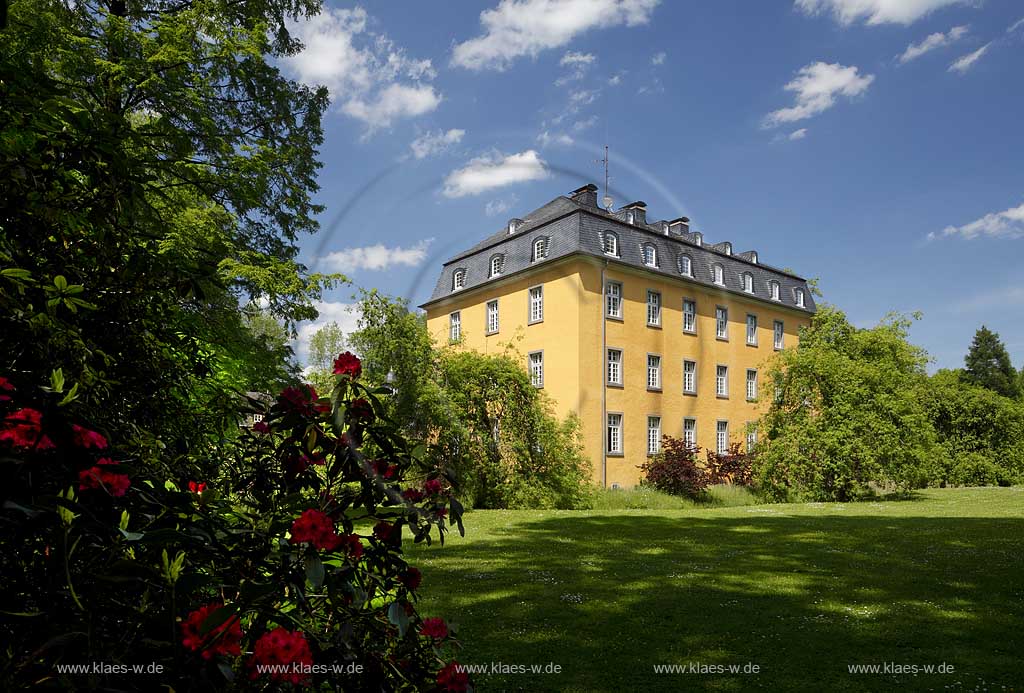 Lindlar Oberheiligenhoven, Schloss Heiligenhoven im Fruehsommer, gelbes Herrenhaus im Park mit bluehendem Rhododen, Lindlar castle Oberheiligenhoven in early summer with rhododendron in flower