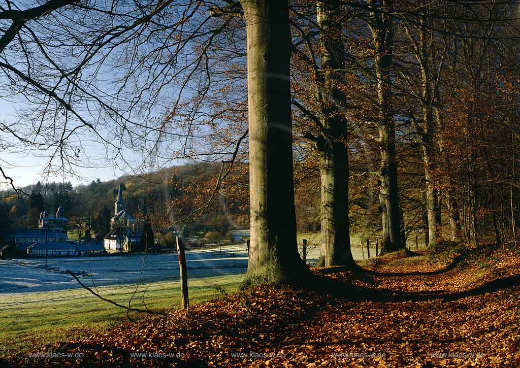 Gimborn, Marienheide, Oberbergischer Kreis, Bergisches Land, Regierungsbezirk Kln, Koeln, Blick auf Schloss, Wasserburg Gimborn und Schlosskirche in Herbstlandschaft mit Raureif