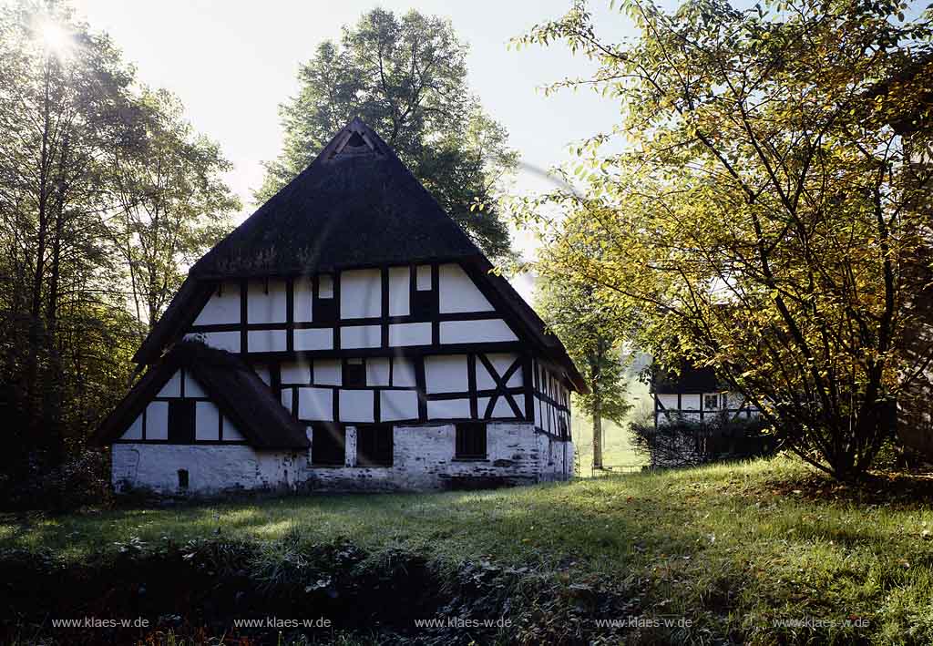 Mllenbach, Muellenbach, Marienheide, Oberbergischer Kreis, Bergisches Land, Regierungsbezirk Kln, Koeln, Blick auf Dahl Haus Schenk, Fachwerkhaus in Herbstlandschaft