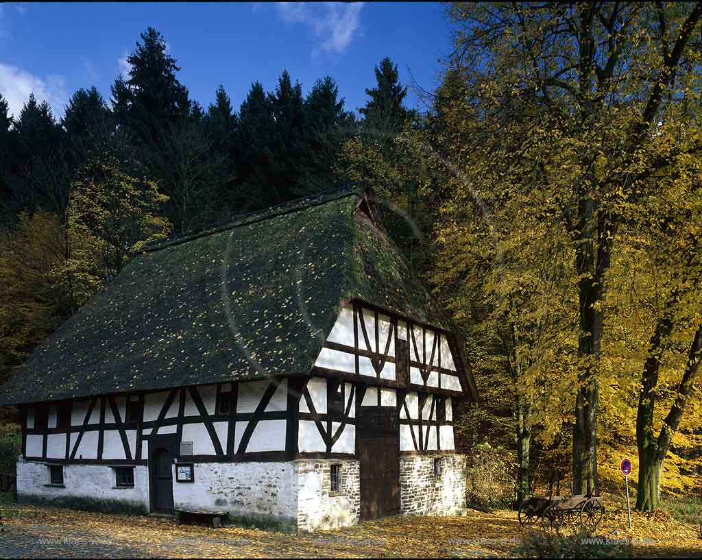 Mllenbach, Muellenbach, Marienheide, Oberbergischer Kreis, Bergisches Land, Regierungsbezirk Kln, Koeln, Blick auf Dahl Haus Schenk, Fachwerkhaus in Herbstlandschaft