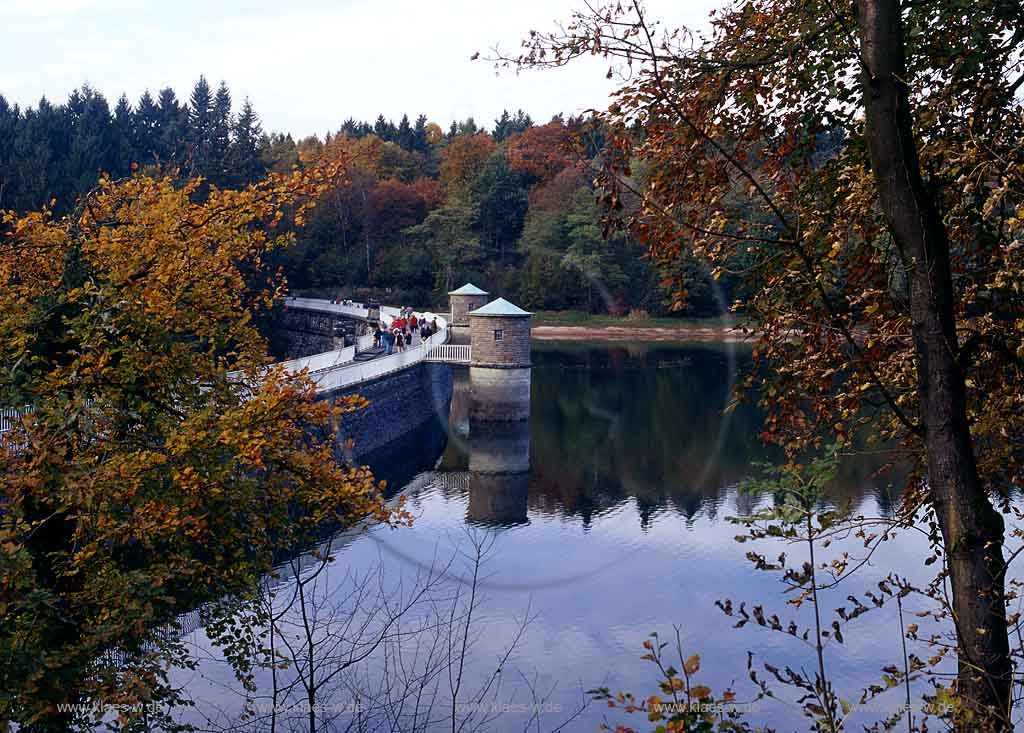 Neyetalsperre, Wipperfrth, Wipperfuerth, Neye, Oberbergischer Kreis, Bergisches Land, Blick auf Talsperre, Staumauer und Landschaft, Herbstlandschaft     