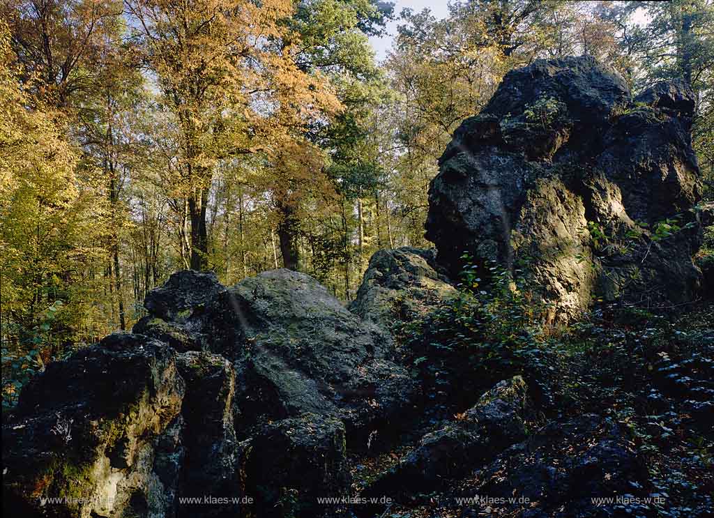 Nmbrecht, Nuembrecht, Oberbergischer Kreis, Bergisches Land, Regierungsbezirk Kln, Blick auf dicke Steine, Felsen bei Schloss Homburg in Waldlandschaft