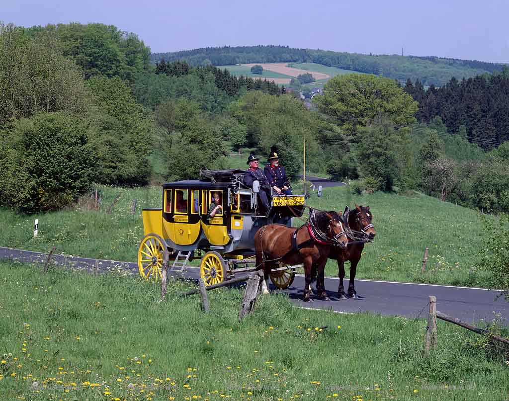 Nmbrecht, Nuembrecht, Oberbergischer Kreis, Bergisches Land, Regierungsbezirk Kln, Blick auf Historische Oberbergische Postkutsche mit Pferden und Passagieren in Sommerlandschaft 