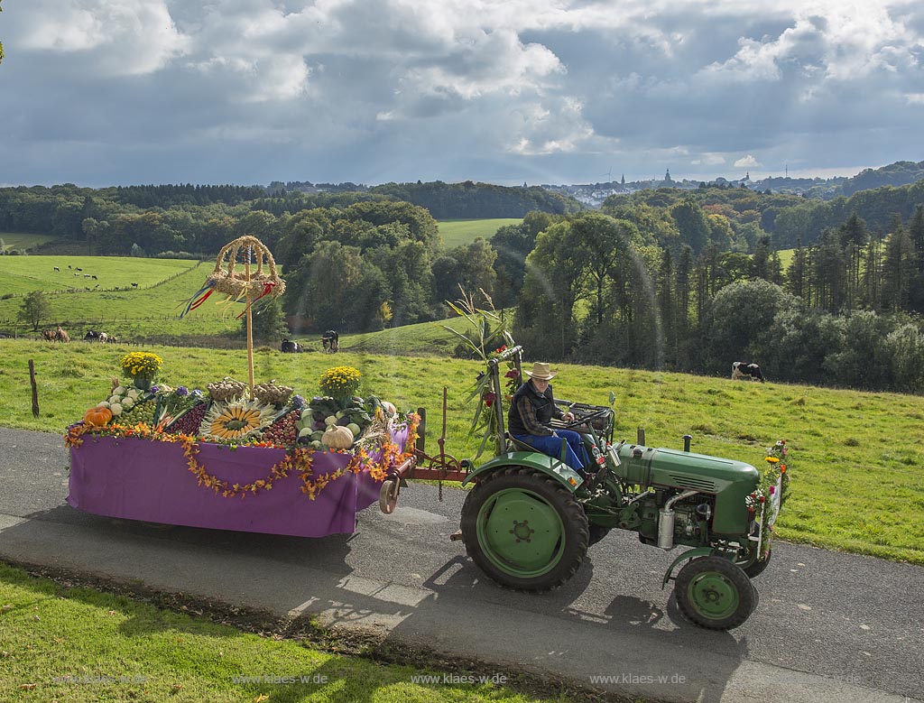 Radevormwald-Oenkfeld, Erntedankfest, Umzug mit floristisch anspruchsvoll gestaltetem und Felderzeugnissen kunstvoll dekoriertem Traktor und Erntewagen in Rochollsberg. Im fernen Hintergund die Stadtsilhouette von Radevormwald mit Ihren vier Kirchtuermen.