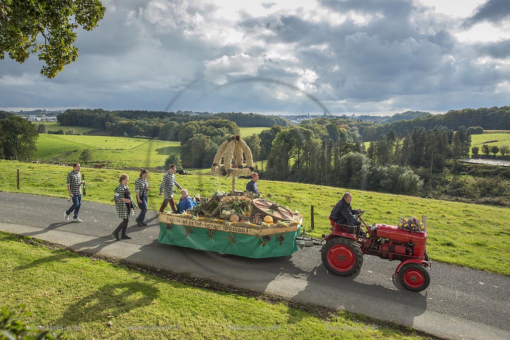 Radevormwald-Oenkfeld, Erntedankfest, Umzug mit floristisch anspruchsvoll gestaltetem und Felderzeugnissen kunstvoll dekoriertem Traktor und Erntewagen in Rochollsberg. Im fernen Hintergund die Stadtsilhouette von Radevormwald mit Ihren vier Kirchtuermen.
