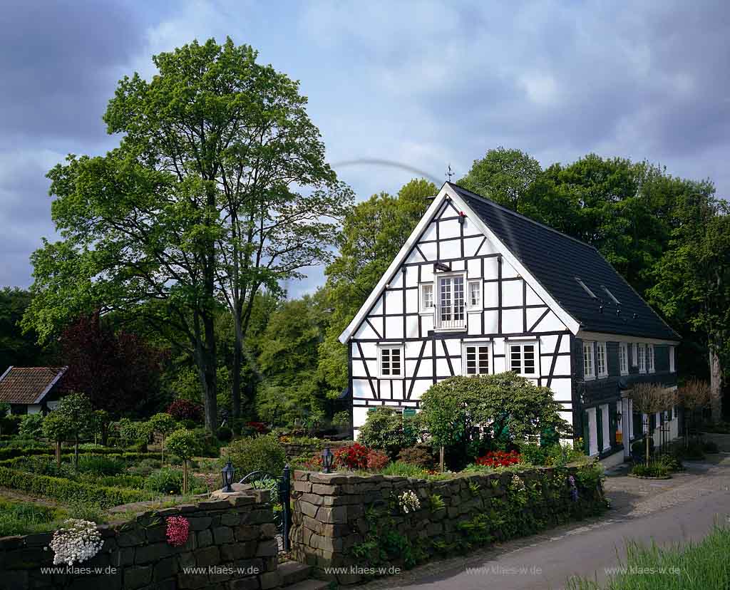 Radevormwald, Oberbergischer Kreis, Bergisches Land, Regierungsbezirk Kln, Blick auf Fachwerkhaus Lorenzhaus in Sommerlandschaft mit Blumengarten, Bauerngarten