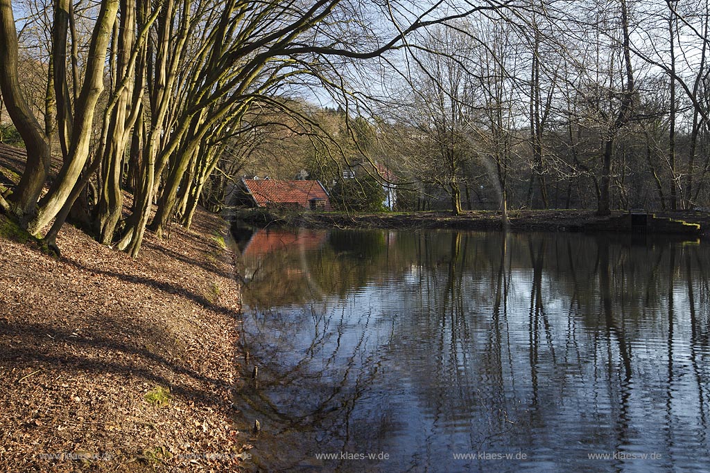 Remscheid Steffenshammer, der historische Clemenshammer im Gelpetal im Fruehling stimmungsvoll von der Abendsonne beleuchtet, Blick ueber den Hammerteich mit Spiegelbild; Remscheid Hasten der historische Clemenshammer with pond ans mirror image