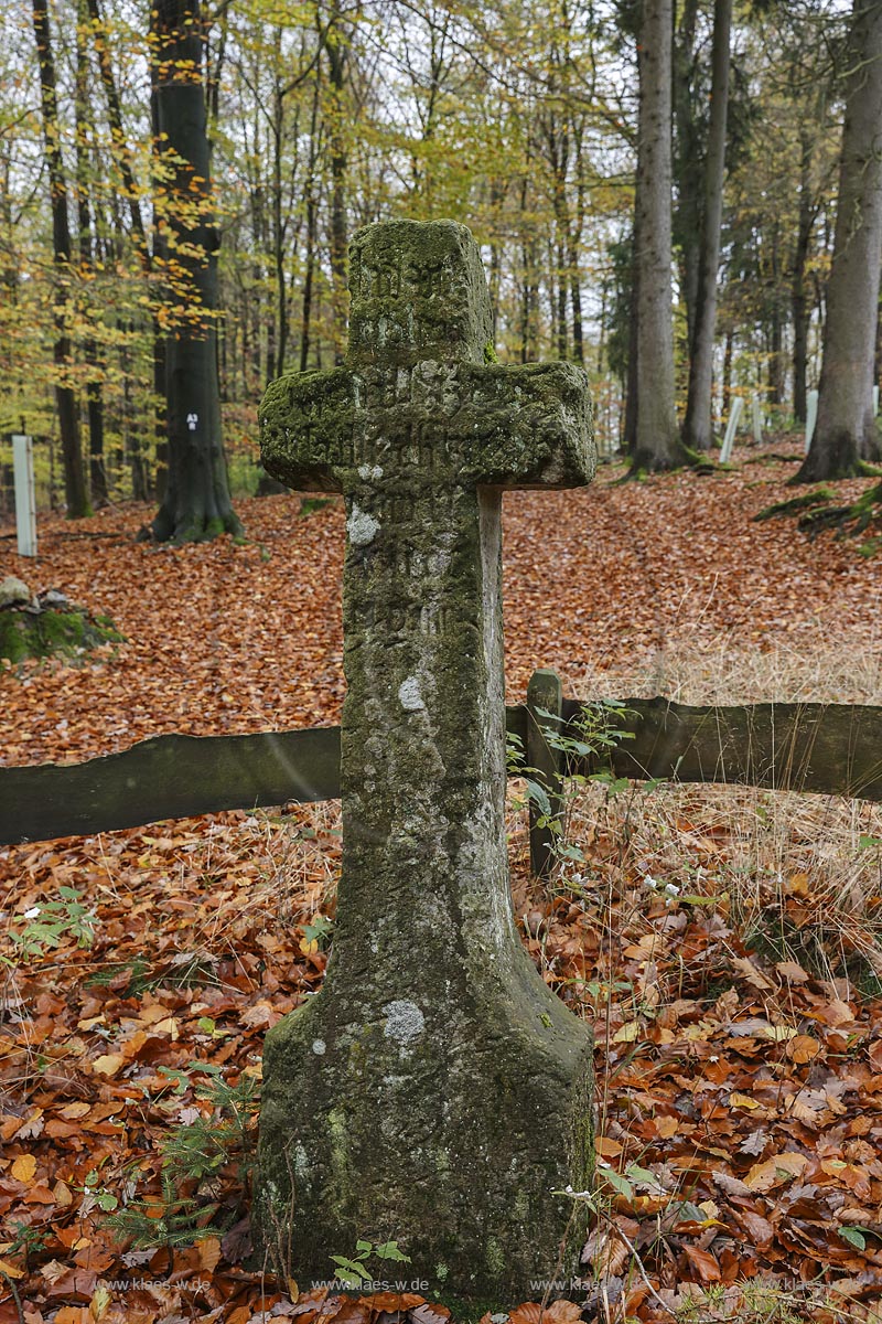 Remscheid, Denkmal Steinernes Kreuz, es befindet sich in  unmittelbarer Naehe zur Eschbachtalsperre bzw. Remscheider Talsperre, es traegt die heute kaum mehr lesbare Inschrift "Bitte fuer die Seele des Herrn Josef Waizels, dessen Ueberfall dieses Kreuz gesetzt ist, zum Gedaechtnis an den 17. Oktober im Jahrer des Herrn 1554". Am 17.Oktober 1554 folgte der Bote Josef Waizel der alten Handelsstrasse von Koeln nach Lennep, die durch das Eschbachtal nahe der Ortschaft Born (heute Bergisch Born) verlief. Nachdem Waizel das Tal durchquert hatte und in den Anstieg in Richtung Lennep einbog, sprangen zwei Raeuber aus dem Gebaesch neben dem Hohlweg, schlugen ihn nieder und raubten die Goldstuecke aus seiner Botentasche. Bevor Josef Weizel im Eschbachtal verblutete, richtete er seinen Blick gen Himmel, wo gerade ein Schwarm Krammetsvoegel (Wacholderdrosseln) vorueberflog und rief den fliehenden Raeubern mit letzter Kraft nach: "Gott wird euch richten, ihr Moerder! Die Voegel am Himmel werden euch verraten!" Die Raeuber, von der Drohung des Botens wenig beeindruckt, kehrten im nahen Born in einen Gasthof ein, um sich mit dem gestohlenen Gold zu betrinken und zuenftig zu speisen. Als der Gastwirt ihnen zwei Kruege Bier und eine Platte gebratener Krammetsvoegel vorsetzte, sagte einer der Raeuber: "Diese Voegel sind tot. Die werden den Mord nicht mehr verraten!" Der Wirt, hellhoerig geworden, schickte sofort einen seiner Knechte ins nahe Gerichtshaus am Bornefeld und noch bevor die Moerder ihre Mahlzeit beendet hatten, wurden sie festgenommen. Sie wurden nach Koeln gebracht und dort zum Tode verurteilt und ihrer Strafe zugefuehrt. Die Krammetsvoegel hatten die Drohung des Boten tatsaechlich wahrgemacht;; Remscheid, memorial  Steinernes Kreuz.