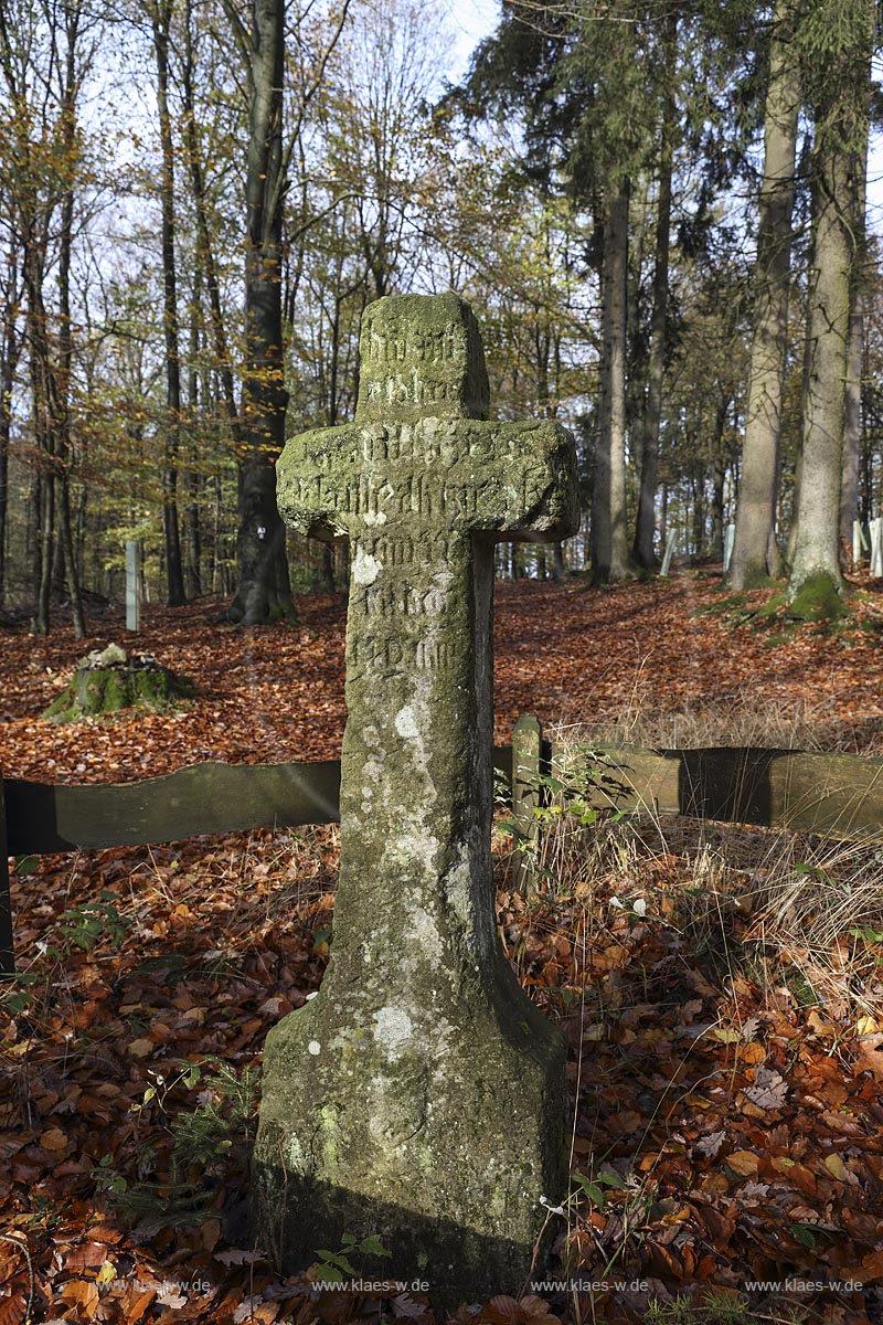 Remscheid, Denkmal Steinernes Kreuz, es befindet sich in  unmittelbarer Naehe zur Eschbachtalsperre bzw. Remscheider Talsperre, es traegt die heute kaum mehr lesbare Inschrift "Bitte fuer die Seele des Herrn Josef Waizels, dessen Ueberfall dieses Kreuz gesetzt ist, zum Gedaechtnis an den 17. Oktober im Jahrer des Herrn 1554". Am 17.Oktober 1554 folgte der Bote Josef Waizel der alten Handelsstrasse von Koeln nach Lennep, die durch das Eschbachtal nahe der Ortschaft Born (heute Bergisch Born) verlief. Nachdem Waizel das Tal durchquert hatte und in den Anstieg in Richtung Lennep einbog, sprangen zwei Raeuber aus dem Gebaesch neben dem Hohlweg, schlugen ihn nieder und raubten die Goldstuecke aus seiner Botentasche. Bevor Josef Weizel im Eschbachtal verblutete, richtete er seinen Blick gen Himmel, wo gerade ein Schwarm Krammetsvoegel (Wacholderdrosseln) vorueberflog und rief den fliehenden Raeubern mit letzter Kraft nach: "Gott wird euch richten, ihr Moerder! Die Voegel am Himmel werden euch verraten!" Die Raeuber, von der Drohung des Botens wenig beeindruckt, kehrten im nahen Born in einen Gasthof ein, um sich mit dem gestohlenen Gold zu betrinken und zuenftig zu speisen. Als der Gastwirt ihnen zwei Kruege Bier und eine Platte gebratener Krammetsvoegel vorsetzte, sagte einer der Raeuber: "Diese Voegel sind tot. Die werden den Mord nicht mehr verraten!" Der Wirt, hellhoerig geworden, schickte sofort einen seiner Knechte ins nahe Gerichtshaus am Bornefeld und noch bevor die Moerder ihre Mahlzeit beendet hatten, wurden sie festgenommen. Sie wurden nach Koeln gebracht und dort zum Tode verurteilt und ihrer Strafe zugefuehrt. Die Krammetsvoegel hatten die Drohung des Boten tatsaechlich wahrgemacht;; Remscheid, memorial  Steinernes Kreuz.