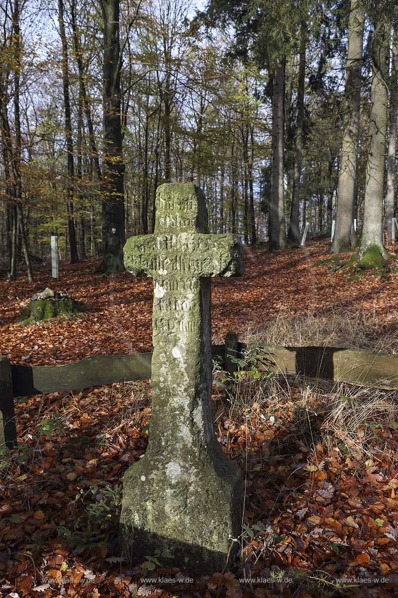 Remscheid, Denkmal Steinernes Kreuz, es befindet sich in  unmittelbarer Naehe zur Eschbachtalsperre bzw. Remscheider Talsperre, es traegt die heute kaum mehr lesbare Inschrift "Bitte fuer die Seele des Herrn Josef Waizels, dessen Ueberfall dieses Kreuz gesetzt ist, zum Gedaechtnis an den 17. Oktober im Jahrer des Herrn 1554". Am 17.Oktober 1554 folgte der Bote Josef Waizel der alten Handelsstrasse von Koeln nach Lennep, die durch das Eschbachtal nahe der Ortschaft Born (heute Bergisch Born) verlief. Nachdem Waizel das Tal durchquert hatte und in den Anstieg in Richtung Lennep einbog, sprangen zwei Raeuber aus dem Gebaesch neben dem Hohlweg, schlugen ihn nieder und raubten die Goldstuecke aus seiner Botentasche. Bevor Josef Weizel im Eschbachtal verblutete, richtete er seinen Blick gen Himmel, wo gerade ein Schwarm Krammetsvoegel (Wacholderdrosseln) vorueberflog und rief den fliehenden Raeubern mit letzter Kraft nach: "Gott wird euch richten, ihr Moerder! Die Voegel am Himmel werden euch verraten!" Die Raeuber, von der Drohung des Botens wenig beeindruckt, kehrten im nahen Born in einen Gasthof ein, um sich mit dem gestohlenen Gold zu betrinken und zuenftig zu speisen. Als der Gastwirt ihnen zwei Kruege Bier und eine Platte gebratener Krammetsvoegel vorsetzte, sagte einer der Raeuber: "Diese Voegel sind tot. Die werden den Mord nicht mehr verraten!" Der Wirt, hellhoerig geworden, schickte sofort einen seiner Knechte ins nahe Gerichtshaus am Bornefeld und noch bevor die Moerder ihre Mahlzeit beendet hatten, wurden sie festgenommen. Sie wurden nach Koeln gebracht und dort zum Tode verurteilt und ihrer Strafe zugefuehrt. Die Krammetsvoegel hatten die Drohung des Boten tatsaechlich wahrgemacht;; Remscheid, memorial  Steinernes Kreuz.