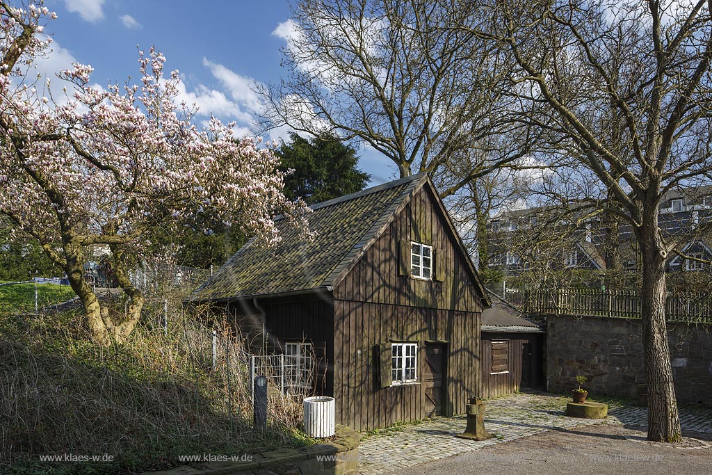 Remscheid Hasten, Haus Cleff mit Deutsches Werkzeugmuseum, kleines Ensemble: links Schleifkotten, rechts kleiner Wasserhammer und Nussbaum rechts und bluehende Magnolie links; Remscheid Hasen, house Haus Cleff with museum Deutsches Werkzugmuseum.