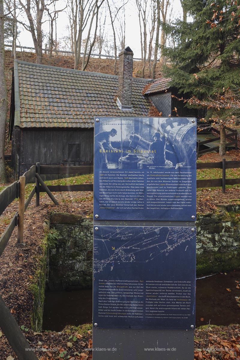 Remscheid-Luettringhausen, Informationstafeln am historischen Hammerwerk Hilbertshammer, ist denkmalgeschuetzt; Remscheid-Luettringhausen, information panels at the historical hammer mill Hilbertshammer.