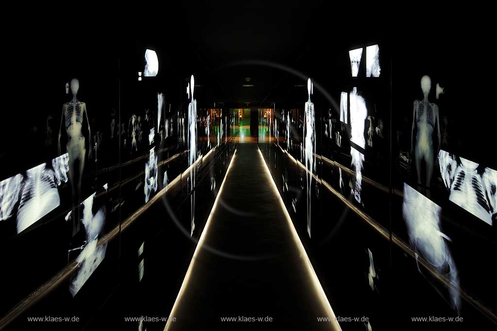 Remscheid Lennep Deutsches Roentgen Museum, Neues Roentgenmuseum, Innenansicht in Dauerausstellung Raum 10 Zeittunnel: Die Welt wird durchsichtig. Alles und Jedes wurde durchleuchtet; Remscheid Lennep German Roentgen Museum inerior view room 10 Timetunnel