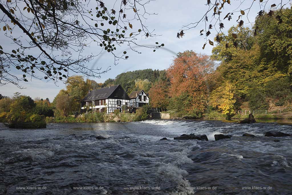 Solingen Wipperau, der Wipperkotten,Fachwerk Doppelkotten mit Wupper in Herbstlandschaft; Solingen Wipperaue,Wipperkotten, framework doublemill with Wupper river in autum landscape