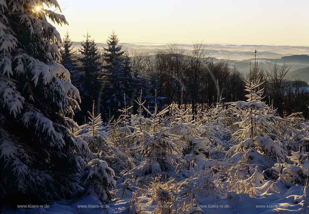 Unnenberg, Gummersbach, Oberbergischer Kreis, Bergisches Land, Regierungsbezirk Kln, Blick auf Unnenberg bei Morgenstimmung in Schneelandschaft, Winterlandschaft