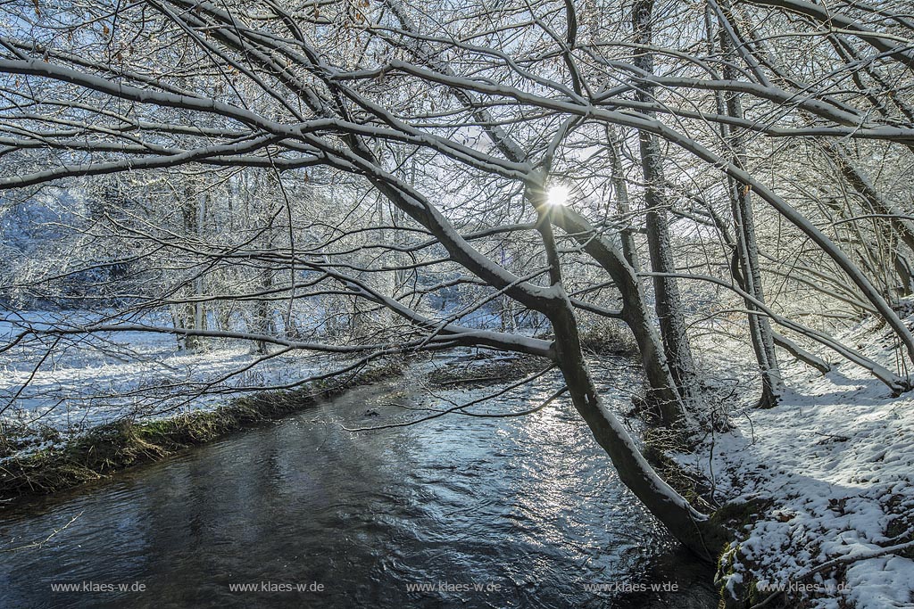 Wermelskirchen, unteres Eifgental, Eifgenbach in Winterlandschaft, Gegenlicht mit Sonnenstern, am Pilgerpfad zwischen Dabringhausen und Bechhausen an der Hilgener Strasse; Wermelskirchen, winter, snow covered landscape with beck Eifgenbach in back light with lens flare.