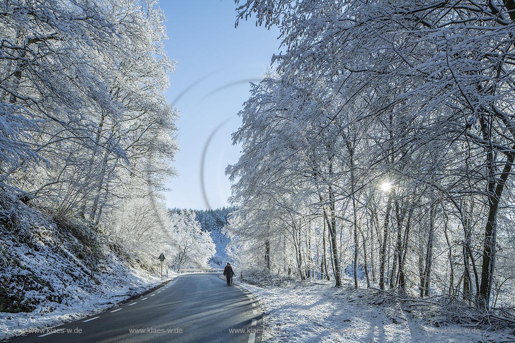 Wermelskirchen, Winterlandschaft, Gegenlicht mit Sonnenstern,  zwischen Dabringhausen und Bechhausen an der Hilgener Strasse; Wermelskirchen, winter, snow covered landscape in back light with lens flare near Dabringhausen.