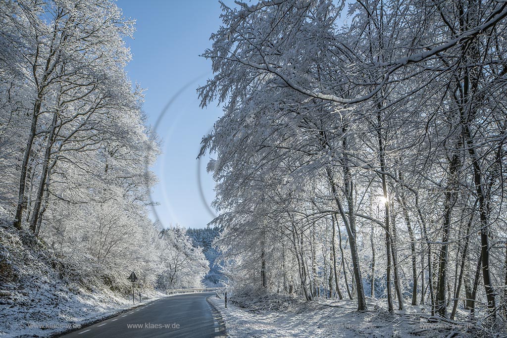 Wermelskirchen, Winterlandschaft, Gegenlicht mit Sonnenstern,  zwischen Dabringhausen und Bechhausen an der Hilgener Strasse; Wermelskirchen, winter, snow covered landscape in back light with lens flare near Dabringhausen.