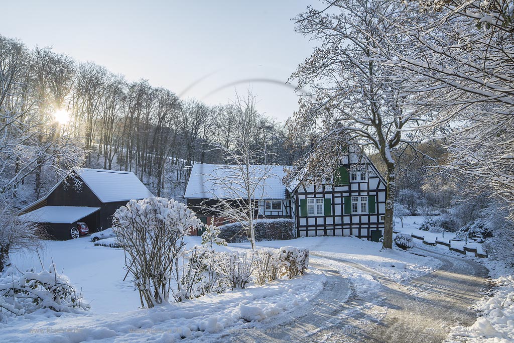 Wermelskirchen-Im Berg, Berger Muehle in Winterlandschaft, Gegenlicht mit Sonnenstern, Eifgental; Wermelskirchen Im Berg, mill Berger Muehle im winter, snow covered landscape in back light with lens flare, Eifgen valley.