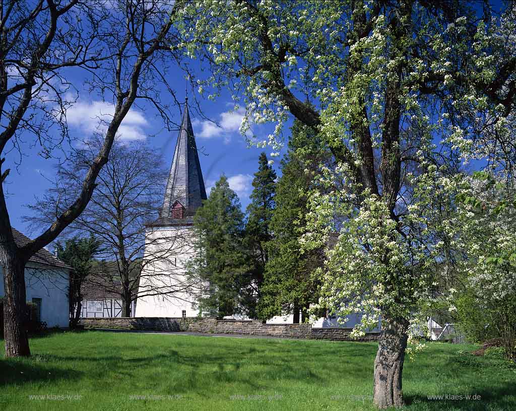 Marienhagen, Wiehl, Oberbergischer Kreis, Bergisches Land, Regierungsbezirk Kln, Blick auf Bonte Kerke, Bunte Kirche, Kirche in Frhlingslandschaft, Fruehlingslandschaft