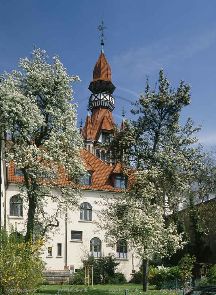 Vohwinkel, Wuppertal, Regierungsbezirk Dsseldorf, Duesseldorf, Blick auf Rathaus in Frhlingsstimmung, Fruehlingsstimmung mit blhenden, bluehenden Baeumen, Bumen