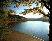 Aggertalsperre, Gummersbach, Bergneustadt, Meinerzhagen, Oberbergisches Land, Blick auf Aggertalsperre im Frh, Frueh Herbst