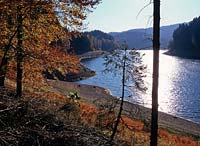 Genkeltalsperre, Meinerzhagen, Gummersbach, Mrkischer Kreis, Maerkischer Kreis, Oberbergischer Kreis, Bergisches Land, Blick auf Talsperre und Landschaft in Herbststimmung