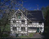 Ohligs, Solingen, Regierungsbezirk Dsseldorf, Blick auf Fachwerkhaus im Frhling, Fruehling mit Obstbluethe, Obstblthe 