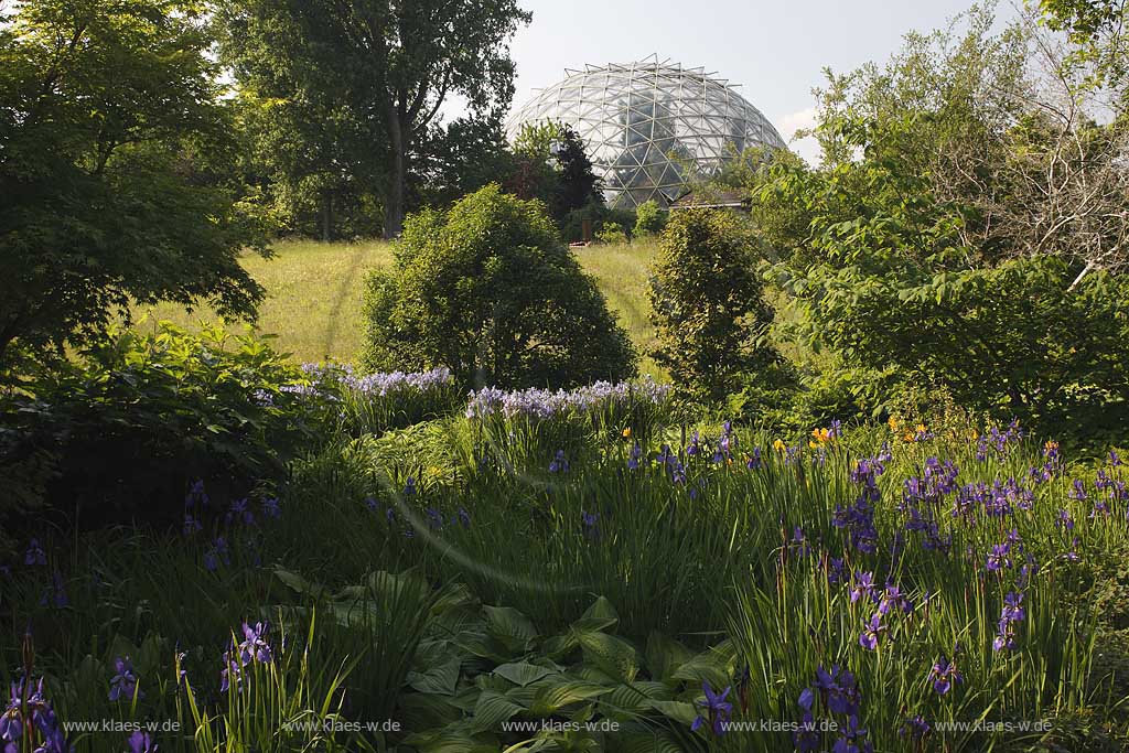 Wersten, Dsseldorf, Duesseldorf, Blick in Botanischen Garten der Heinrich Heine Universitaet, Universitt mit Gewaechshauskuppel, Gewchshauskuppel