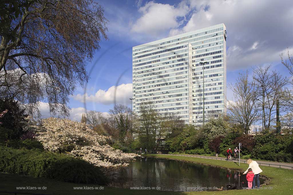 Pempelfort, Dsseldorf, Duesseldorf, Niederrhein, Bergisches Land, Blick vom Hofgarten mit Teich auf Dreischeibenhaus, Thyssenhaus in Frhlingsstimmung, Fruehlingsstimmung