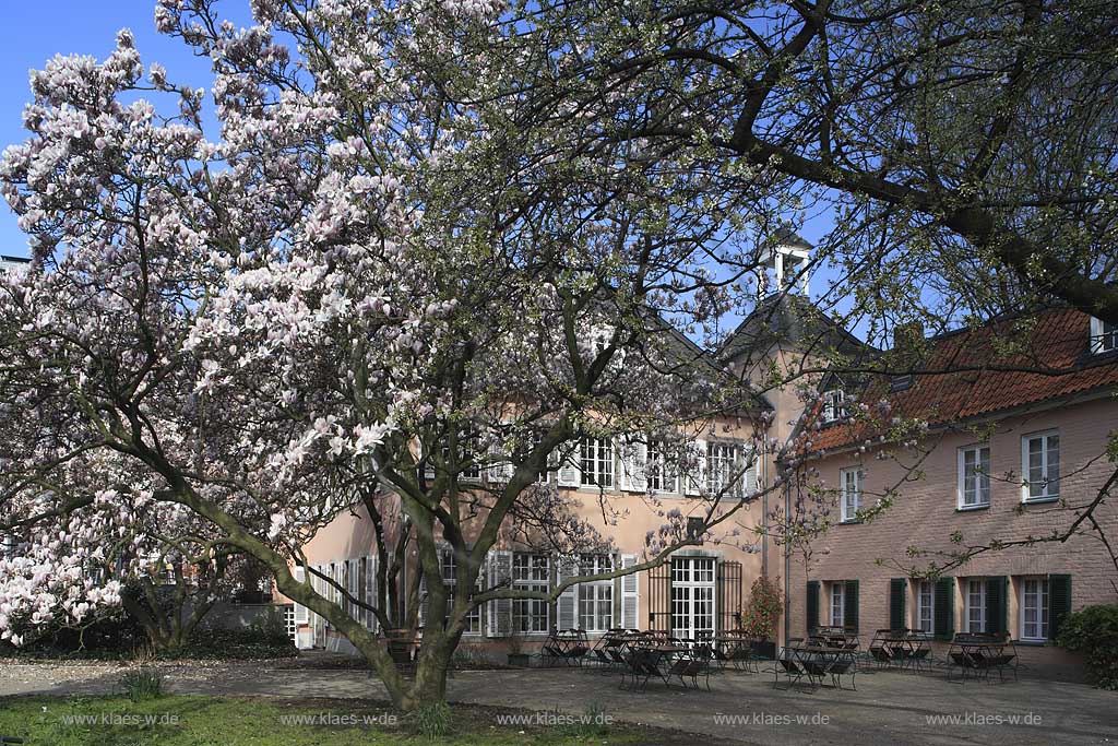 Pempelfort, Dsseldorf, Duesseldorf, Niederrhein, Bergisches Land, Blick auf Gastronomie des Kuenstlererverein, Knstlerverein Malkasten mit Biergarten in Frhlingsstimmung, Fruehlingsstimmung