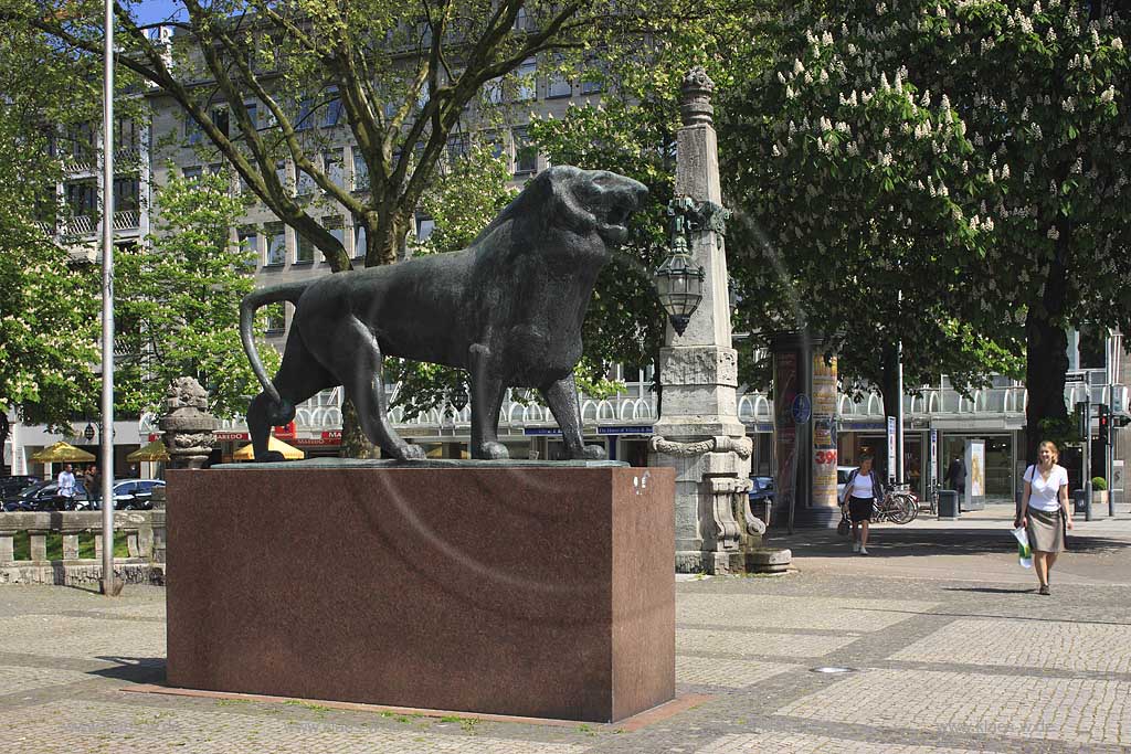 Knigsallee, Koenigsallee, K, Koe, Dsseldorf, Duesseldorf, Niederrhein, Bergisches Land, Blick auf Statue Bergischer Loewe, Lwe in Frhlingsstimmung, Fruehlingsstimmung