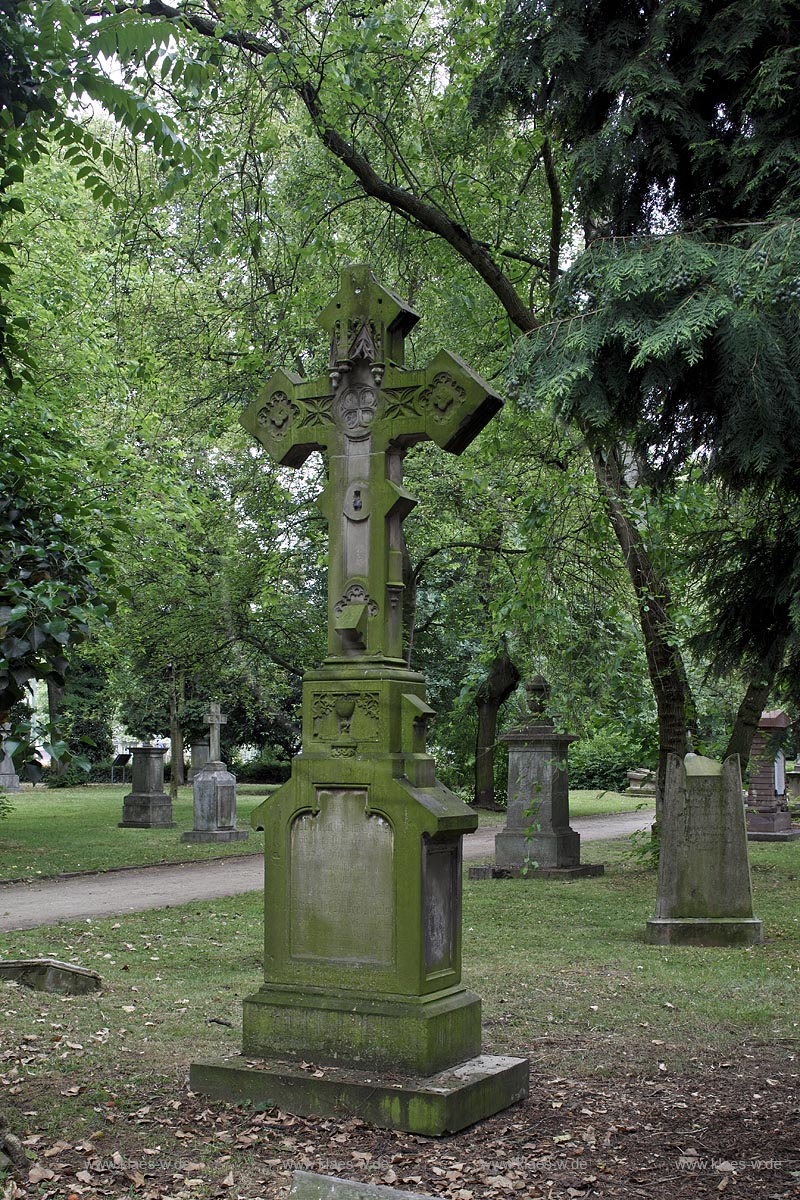 Duesseldorf Golzheim Golzheimer Friedhof, eine der bedeutendsten Gruenanlagen der Stadt Duesseldorf Steinkreuz, Grabmal der Pfarrerbrueder Wilhelm Eduard Nuess und Franz Joseph Hubert Neuss; Duesseldorf-Golzheim, Golzheim cemetery, one of the most important parks, green space of Duesseldorf, Grave, stone crucifix for parish brothes Wilhelm Eduard Nuess and Franz Joseph Hubert Neuss