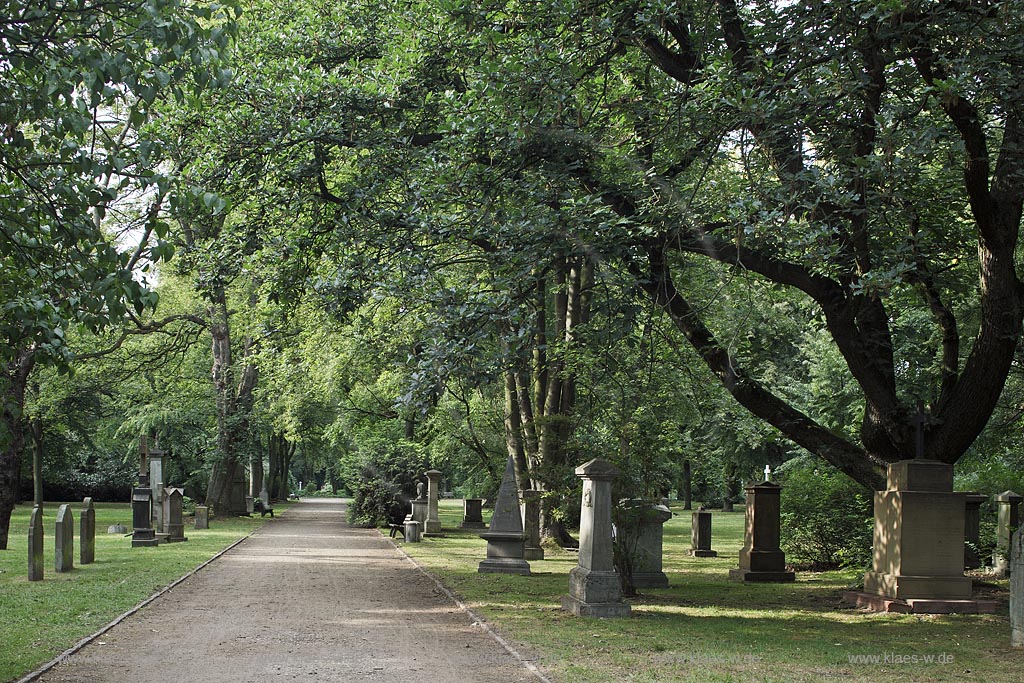 Duesseldorf Golzheim Golzheimer Friedhof, eine der bedeutendsten Gruenanlagen der Stadt Duesseldorf, verschiedene historische Grabmale in Parklandschaft, Suedteil des Friedhofes; Duesseldorf-Golzheim, Golzheim cemetery, one of the most important parks, green space of Duesseldorf, several historical graves in park landscape, south part of cemetery