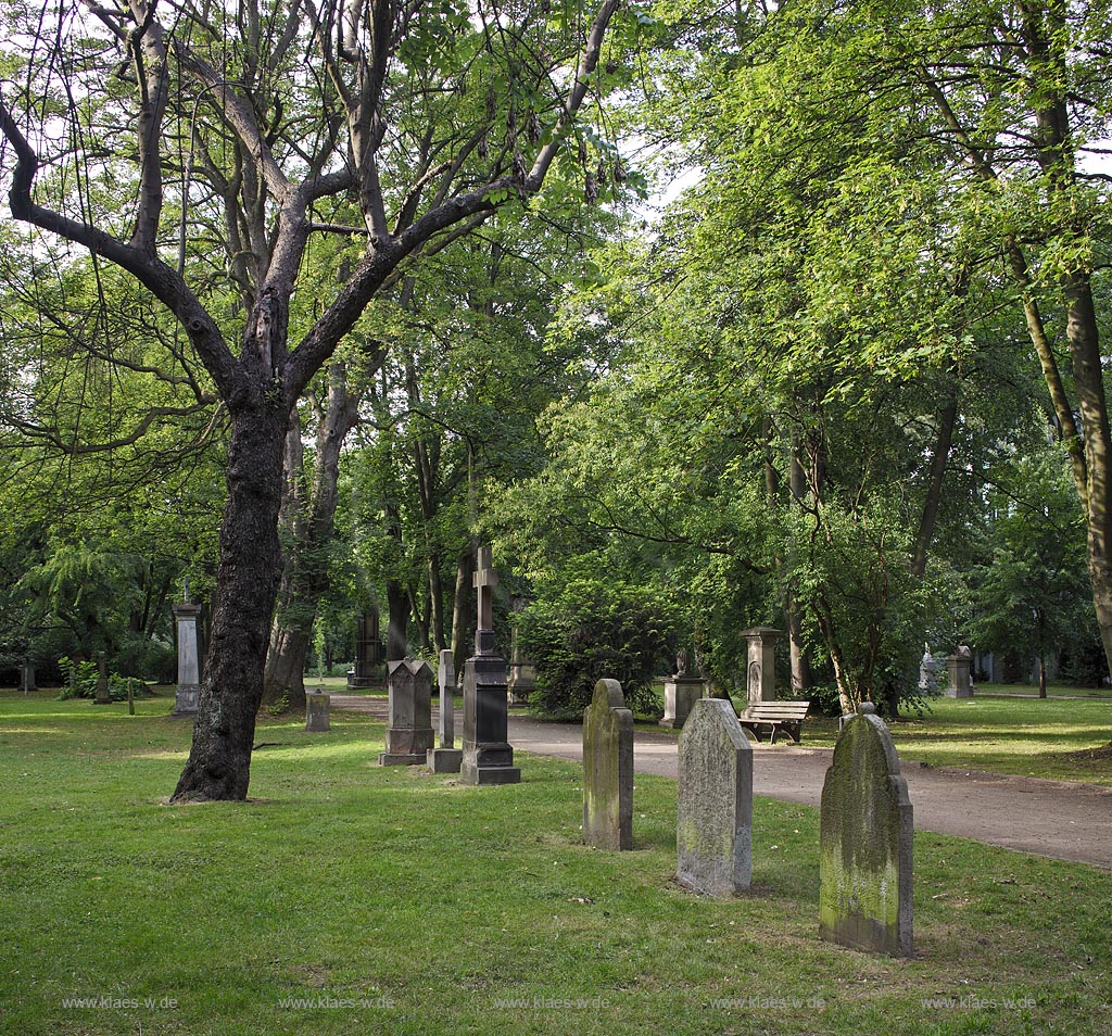 Duesseldorf Golzheim Golzheimer Friedhof, eine der bedeutendsten Gruenanlagen der Stadt Duesseldorf, verschiedene historische Grabmale in Parklandschaft, Suedteil des Friedhofes; Duesseldorf-Golzheim, Golzheim cemetery, one of the most important parks, green space of Duesseldorf, several historical graves in park landscape, south part of cemetery