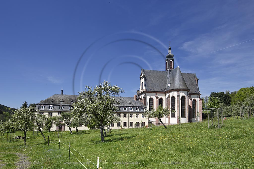 Grosslittgen. Abtei Himmerod, Blick auf die Aussenfassade mit dem Chor der barocken Abteikirche, Stiftskirche und dem links anschliessenden Fluegel des Klostergebaeudes; Grosslittgen, abbey Himmerod, view  to the outside facade of the baroque minster.