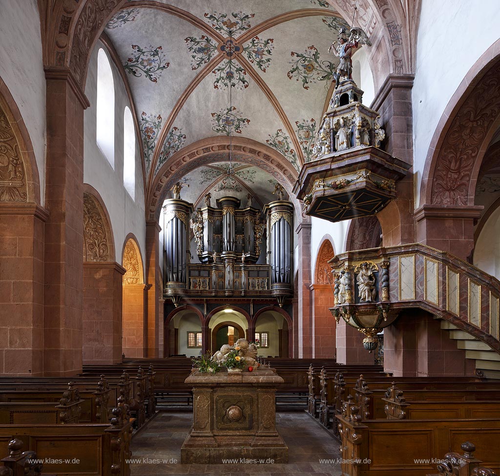 Kall Steinfeld Kloster Steinfeld Innenansicht der Romanischen Kiche des Klosters Steinfeld mit barocker Ausstattung, Blick durch Langhaus mit dem Sarkophak des Heiligen Hermann Joseph und der barocken Kanzel zur Koenig Orgel, Gewoelbemalerei;  Basilica of closter Steinfeld with Koenig organ