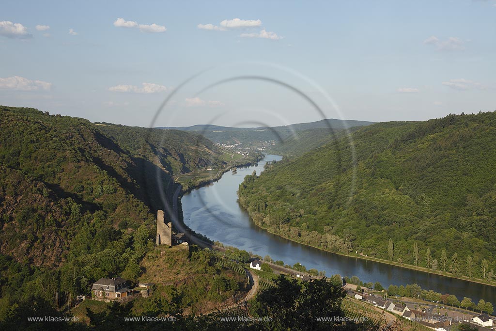 Klotten.Winzerort an der Mosel, Blick ins Moseltal mit Burg Coraidelstein, welche im Mittelalter Pfalzgrafensitz war. Die Burg ueberstand erstaunlicherweise die Reunionskriege, wurde dann aber ab 1830 zum groen Teil abgerissen. Heute ist sie Kuenstlerwerkstatt. Dort lebte und wohnte der Keramiker Wendelin Stahl, ein mit seinen Unikaten international anerkannter Kuenste; Klotten, town of winemaker at Moselle, view into the valley of Moselle with castle Burg Coraidelstein.