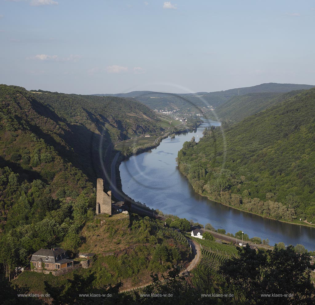 Klotten.Winzerort an der Mosel,Blick ins Moseltal mit Burg Coraidelstein, welche im Mittelalter Pfalzgrafensitz war. Die Burg ueberstand erstaunlicherweise die Reunionskriege, wurde dann aber ab 1830 zum groen Teil abgerissen. Heute ist sie Kuenstlerwerkstatt. Dort lebte und wohnte der Keramiker Wendelin Stahl, ein mit seinen Unikaten international anerkannter Kuenste; Klotten, town of winemaker at Moselle, view into the valley of Moselle with castle Burg Coraidelstein.