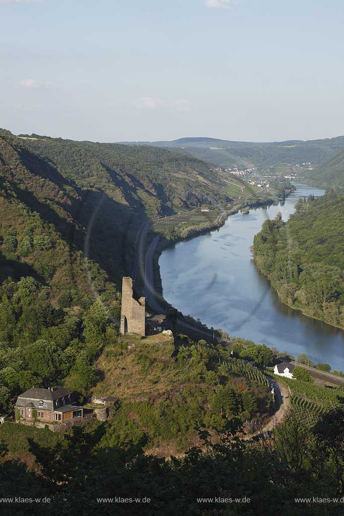 Klotten.Winzerort an der Mosel,Blick ins Moseltal mit Burg Coraidelstein, welche im Mittelalter Pfalzgrafensitz war. Die Burg ueberstand erstaunlicherweise die Reunionskriege, wurde dann aber ab 1830 zum groen Teil abgerissen. Heute ist sie Kuenstlerwerkstatt. Dort lebte und wohnte der Keramiker Wendelin Stahl, ein mit seinen Unikaten international anerkannter Kuenste; Klotten, town of winemaker at Moselle, view into the valley of Moselle with castle Burg Coraidelstein.